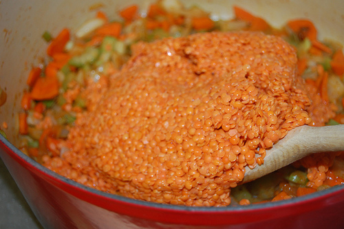 lentils go into the pan