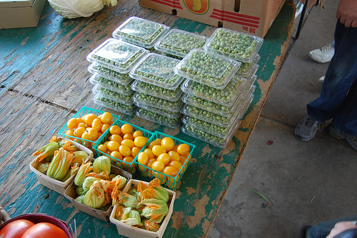 peas and squash blossoms