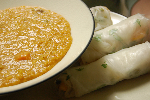 lentil soup with spring rolls