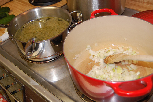 broth on the left, onions on the right